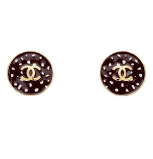 Chanel 26A Blazy Gold Brown Deer Spotted Circle CC Logo Dangle Drop Stud Earring